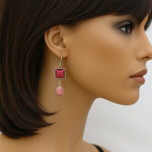 Magenta & Marbled Pink Dangle Earrings – Hypoallergenic Gold Framed Jewelry 2.5"
